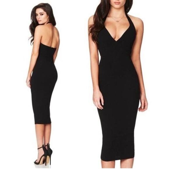 Revolve Nookie Medea V Neck Bodycon Halter Midi‎ Dress in Black NEW - Picture 1 of 8